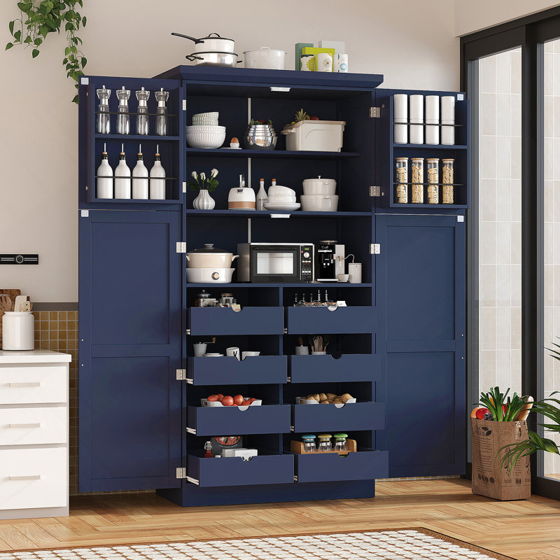Armoire de cuisine autoportante 35,5 x 17,6 x 70,9 pouces, grande armoire de rangement avec 4 portes, 2 tablettes de porte, 8 plateaux coulissants et tablette réglable pour la salle à manger, bleu