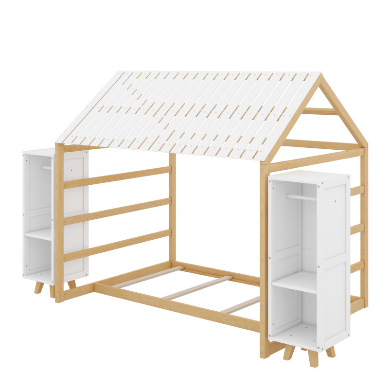 Lit simple en bois avec toit, lit pour enfants avec 2 garde-robes mobiles, Naturel