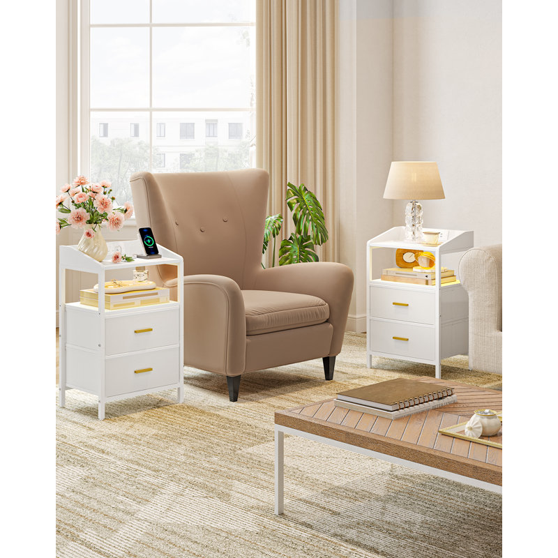 Bedside Table Set Of 2 With LED Lights And Charging Station, Bedside Cabinet With 2 Fabric Storage Drawers , White