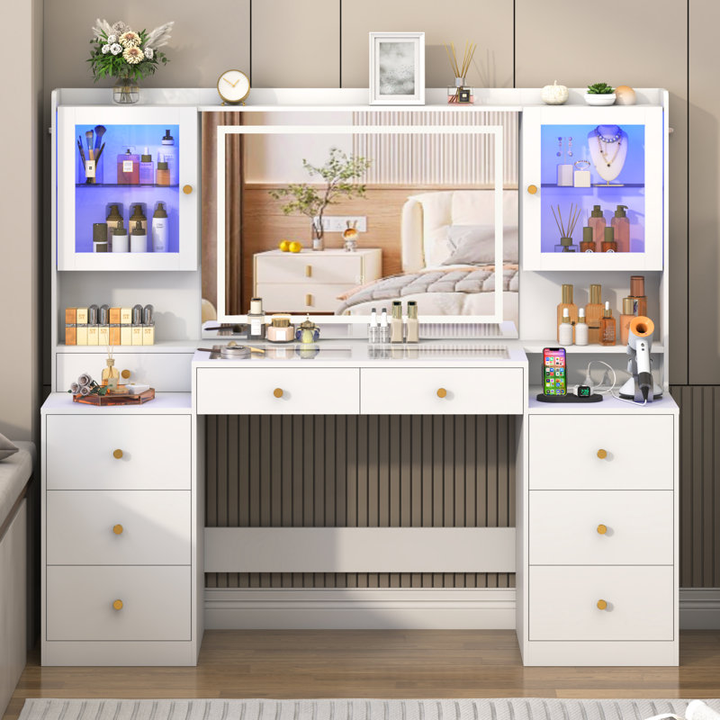 62" Vanity Desk With Lighted Mirror, Tempered Glass Top, Power Outlet, 9 Drawers, And 2 RGB Lighted Cabinet, White
