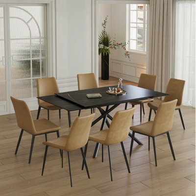 Retractable Sintered Stone Dining Table Set,Featuring a modern rectangular design, it adopts black carbon steel table legs and a cross-leg structure at the bottom(Table + 8 Chairs)