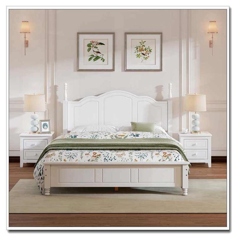 Ensemble de chambre à coucher 3 pièces, grand lit plateforme en bois et deux tables de chevet - blanc
