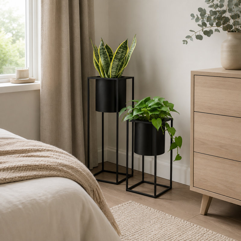 Set of 2 Metal Plant Pots with Stands 70cm & 45cm Tall Indoor Floor Planters, Black