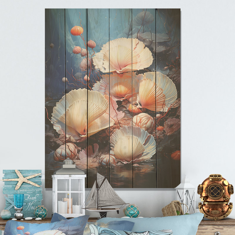 «Underwater Dreams Aquatic Clam», art mural sur bois de pin naturel, H 40 po x l 30 po