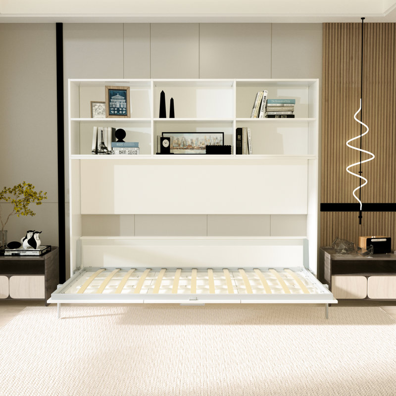 Lit simple avec tablette de rangement - moderne, blanc, peu encombrant, structure en métal