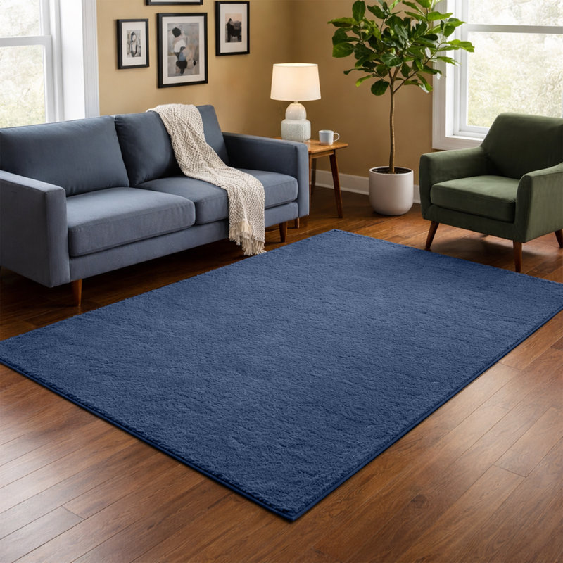 Luxurious Fluffy High-pile Living Room Large Area Rug, Navy, Rectangle 120 x 170 cm