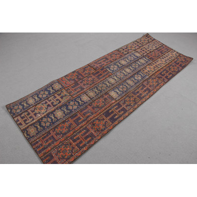 Handmade Turkish Patchwork Runner Rug in Purple For Hallways With Vibrant Colorful Vintage Oushak Design