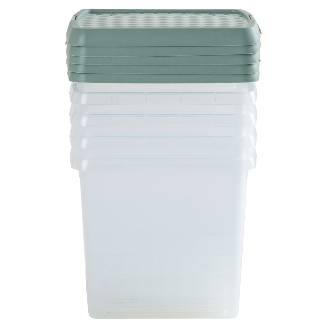 Wham Clip 5x 9L Square Plastic Storage Boxes with Secure Clip Lock Lids. L:29 x W:29 x H:15.5cm Clear/Green Milieu/Stone