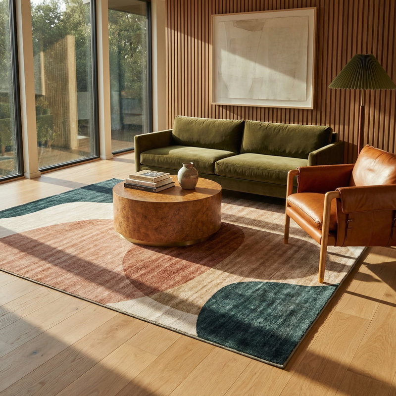 Rug Branch Calma 7' x 10' (6'7" x 9'6") Cream/Green Abstract Area Rug, Contemporary, Medium Pile, Stain-Resistant Carpet - Living Room, Bedroom, Dining Room, and Kitchen