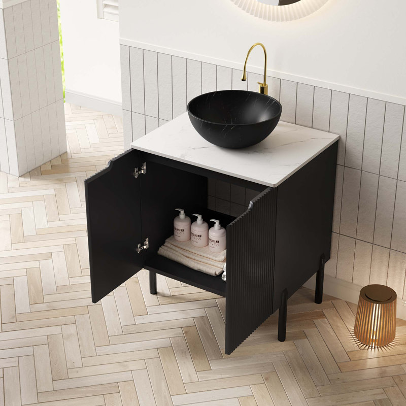 Meuble-lavabo autoportant avec comptoir en pierre frittée et rangement à fermeture en douceur