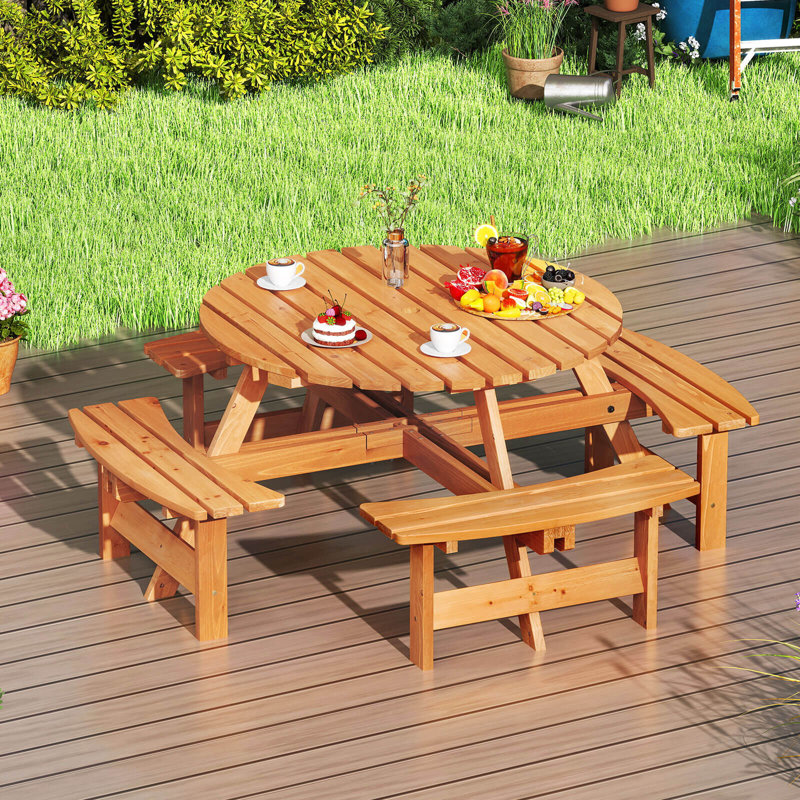 8-person Round Picnic Table Set With 4 Built-in Benches 2" Umbrella Hole, Yellow