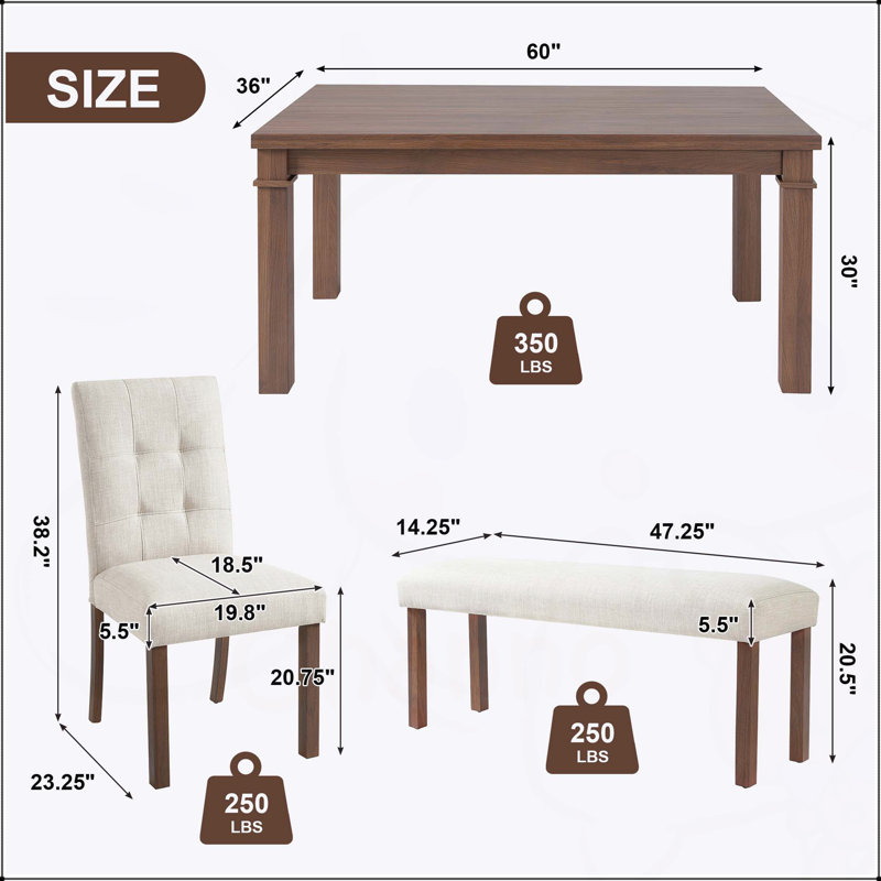 Ensemble de salle à manger moderne 6 pièces avec table rectangulaire, 4 chaises et banc rembourrés, assemblage facile, conception peu encombrante