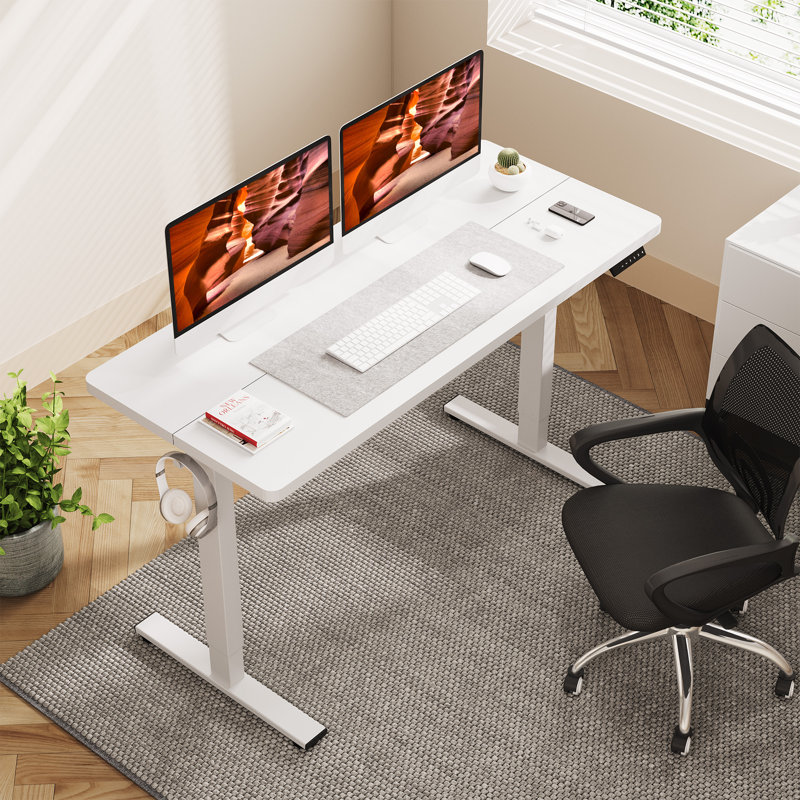 55'' Electric Height Adjustable Standing Desk With Splice Top, White, 55" W x 24" D, White, White