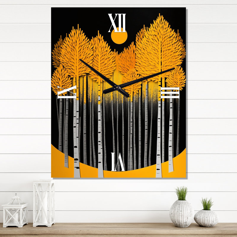 Horloge murale moderne arbres jaunes dans la forêt, Médium