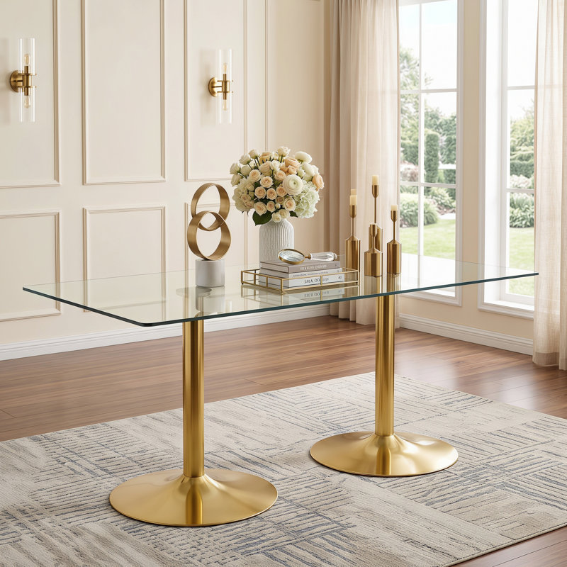71" Rectangular Tempered Glass Dining Table with Gold Double Pedestal Base