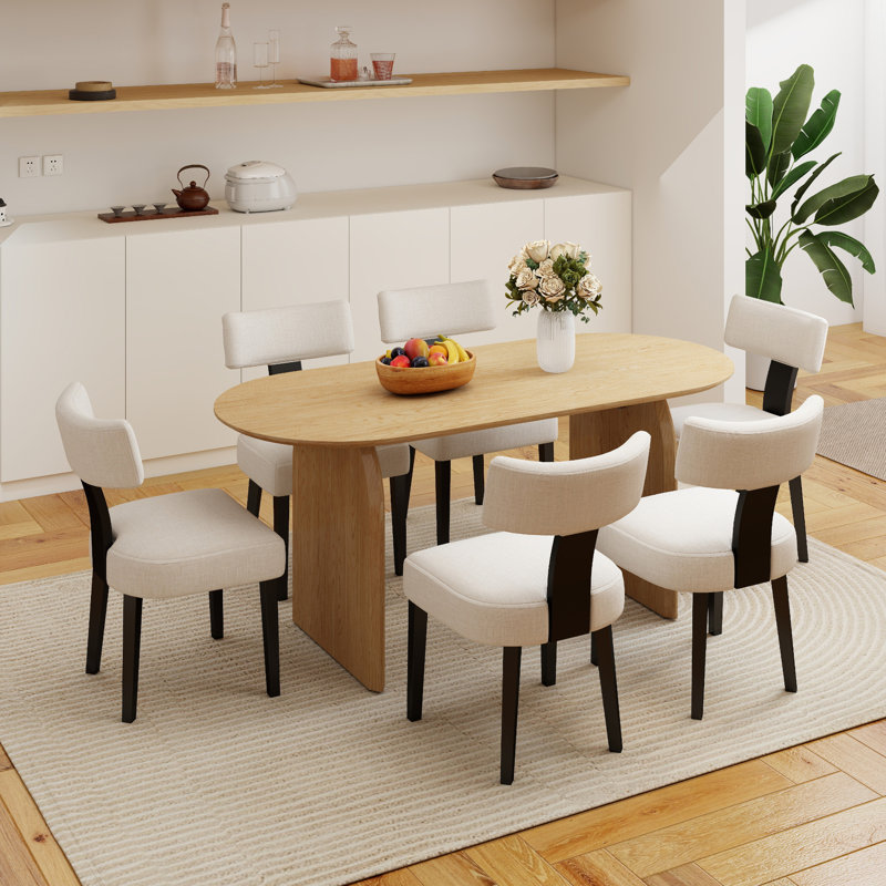 Dining Set Mid-Century Modern Wooden Table & Upholstered Chair Set For Home, Kitchen, Dining Room, Beige/Black, Natural