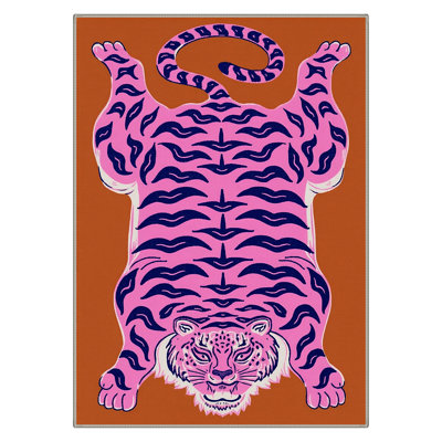 Kai Sunset Jungle Tiger Animal Machine Washable Print Orange / Pink / Blue Indoor Area Rug with Non-Slip Backing