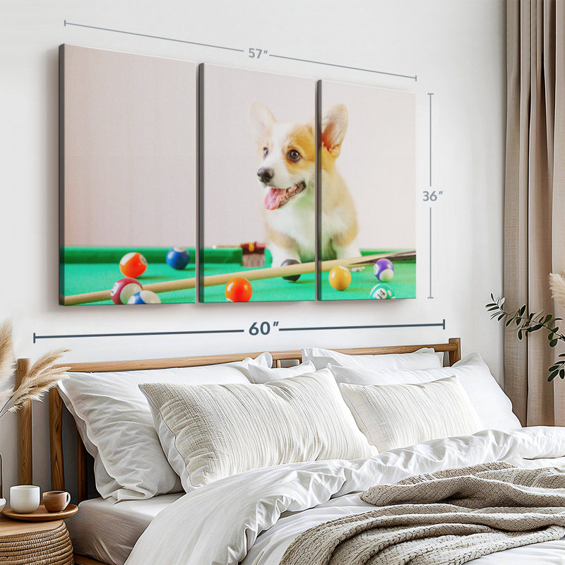 «Dog jouant au billard» sur toile, H 36 po x l 57 po x P 1,25 po