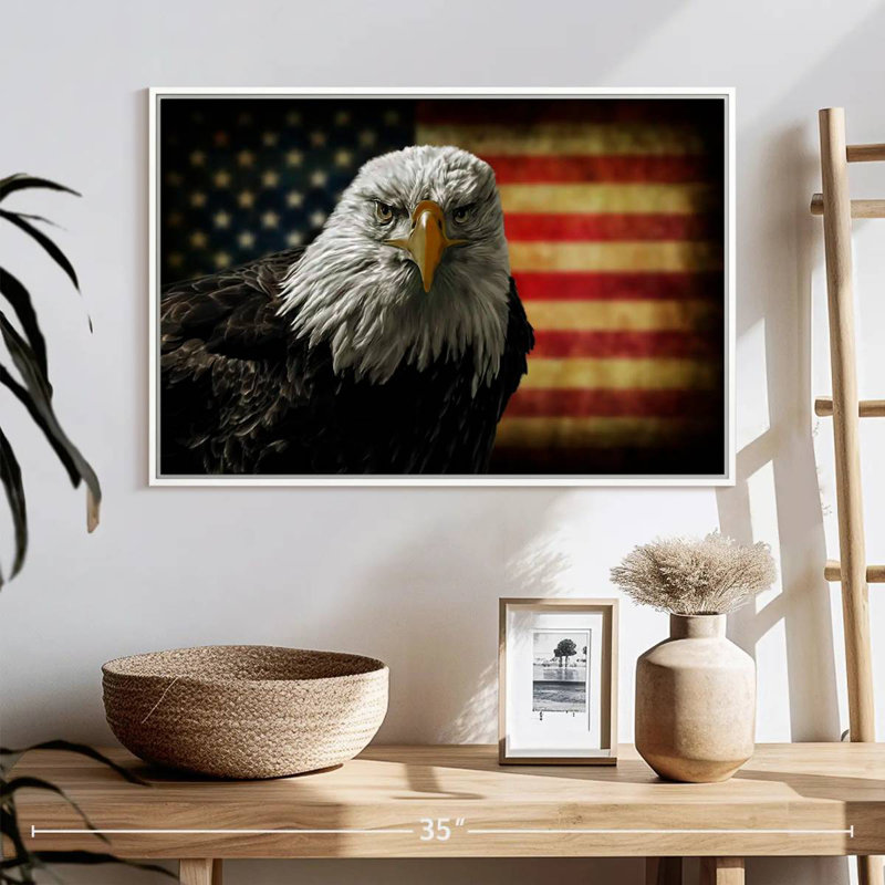 Aigle et drapeau de l'Amérique, 25 po x 17 po, Cadre flottant blanc