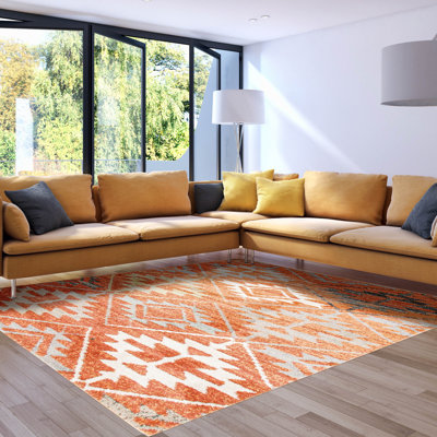 Tapis géométrique tissé à la machine en orange