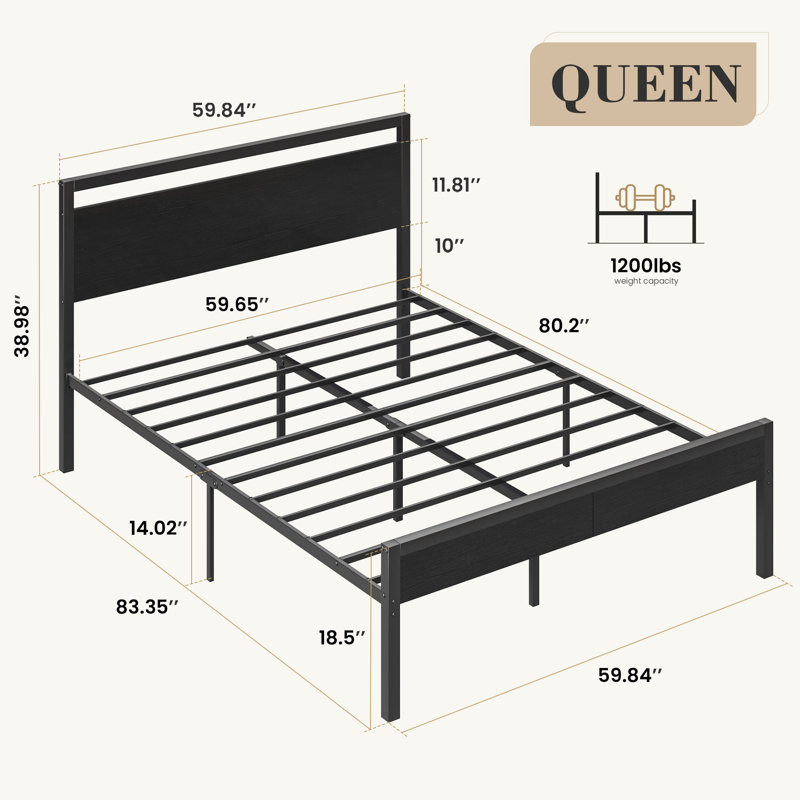 Carlisa Industrial Metal Platform Bed Frame with Headboard and Iron Slat Support, Q, Black