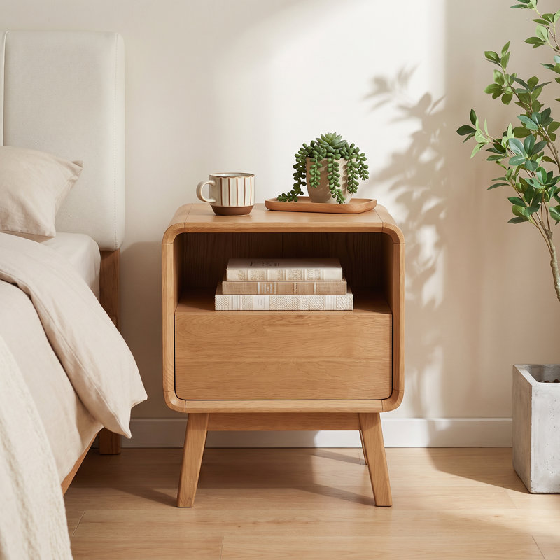 20.5"H MCM Compact Solid Wood Nightstand with Drawer & Open Shelf, Oak, Individual