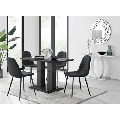 Edzard Double Pedestal High Gloss Dining Table Set with 4 Luxury Faux Leather Dining Chairs