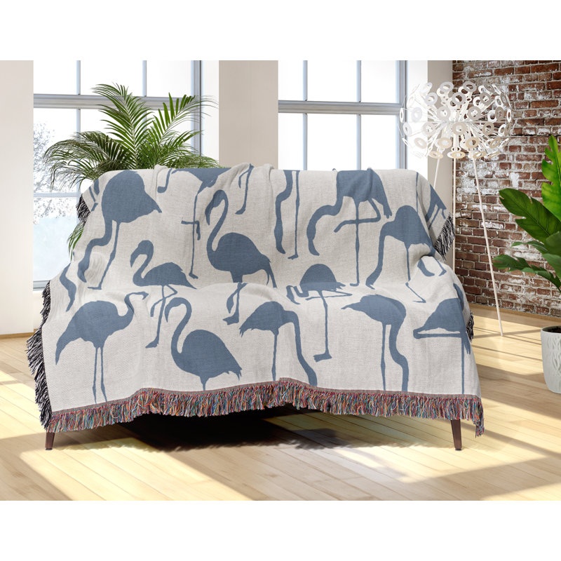 Jeté en mélange de coton Vixo Flamingo, L 60 po x l 50 po, Bleu / Blanc cassé