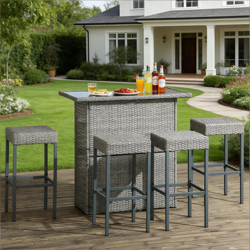 Ensembles de bar de patio gris durables avec cadre en métal en verre trempé pour jardin extérieur