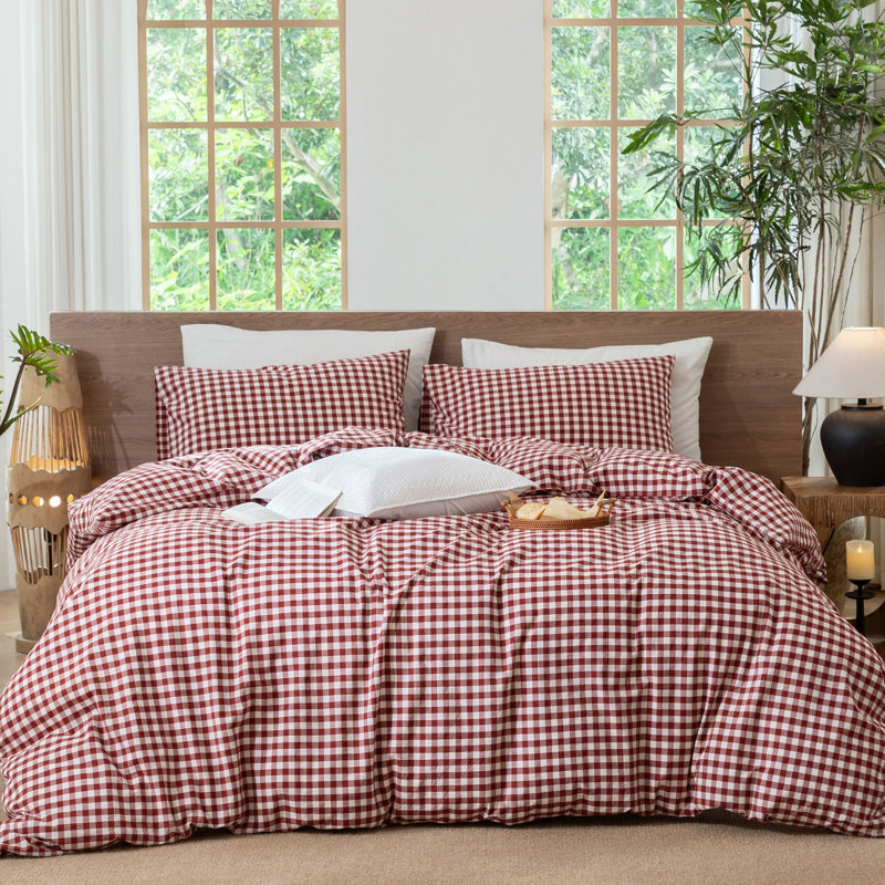 MooMee Gingham Duvet Cover Set 100% Washed Cotton Linen Like Lightweight, Full Duvet Cover + 2 Standard Pillowcases