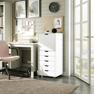 5-Drawer Wood Dresser with Top Cabinet, Mobile Storage Chest for Home Office, White