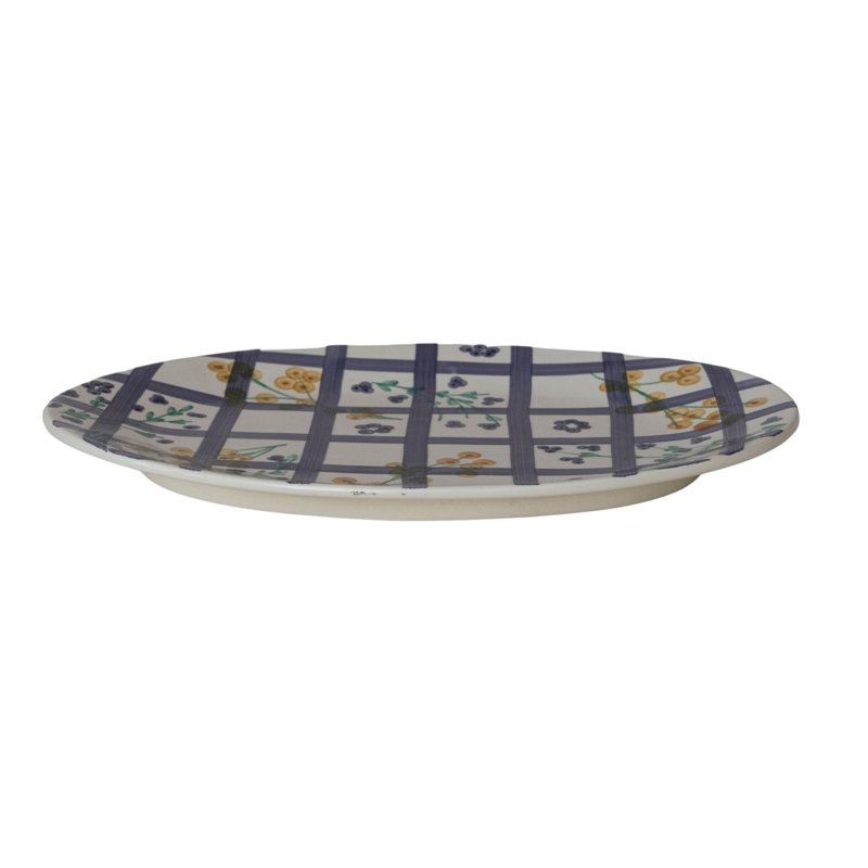 Hand-Painted Stoneware Oval Platter With Grid Pattern And Botanical Design