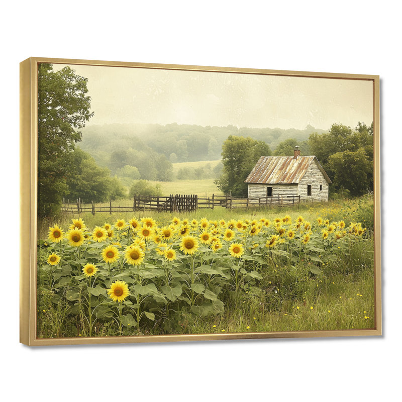 «Drevin Sunflowers And The Chicken Pen» - Art mural grand tournesols, H 12 po x l 20 po, Impression encadrée flottante, Doré