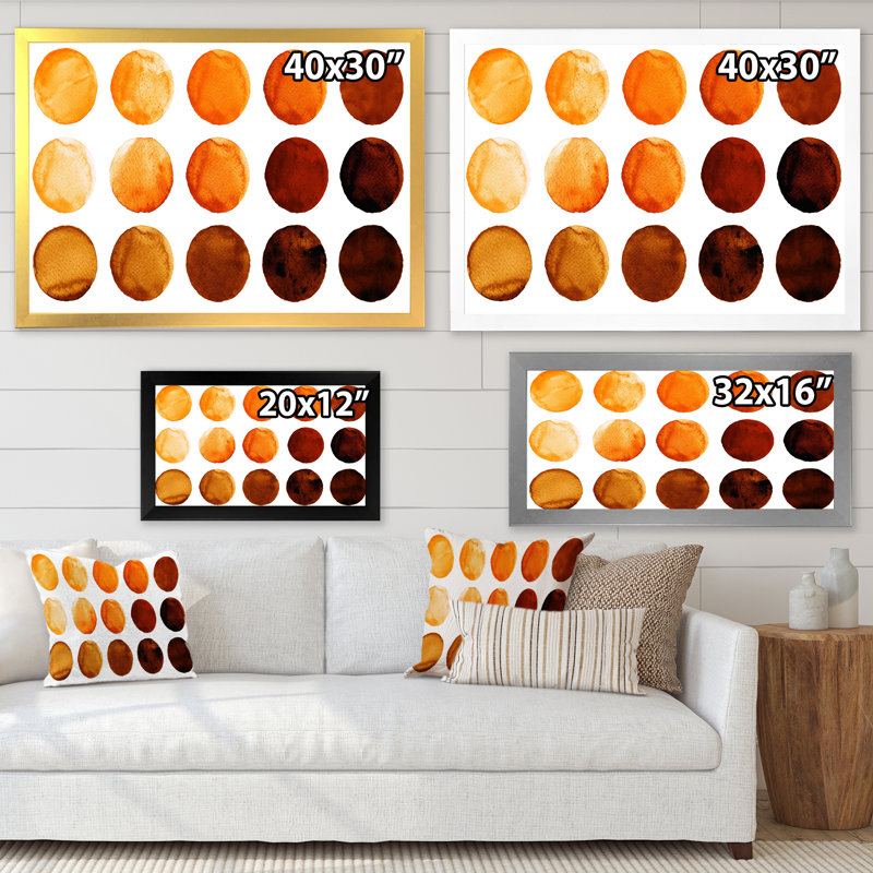 Neuf cercles dans des tons d'orange et de brun II - reproduction sur toile, H 34 po x l 44 po, Cadre photo doré