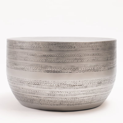 Modern Round Aluminum Hammered Texturing Metal Drum Coffee Table, Hand-Stamped Iron