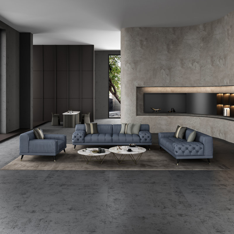 3 Pieces Outlander Sofa Set Off White Italian Leather, Smkey Gray