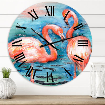 Flamants roses dans l'eau bleue I - Horloge murale de ferme