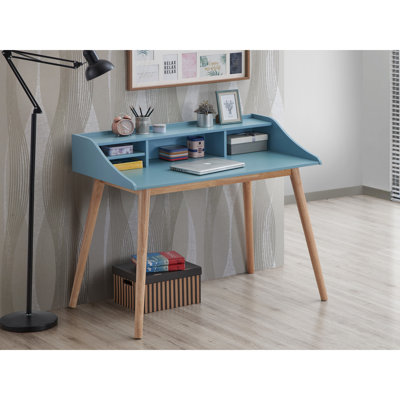 Bureau Mid-Century moderne bleu avec capacité de rangement et 4 tablettes ouvertes en bois d'hévéa massif pour des pieds arrondis élégants de l 43,3 po x P 24,5 po