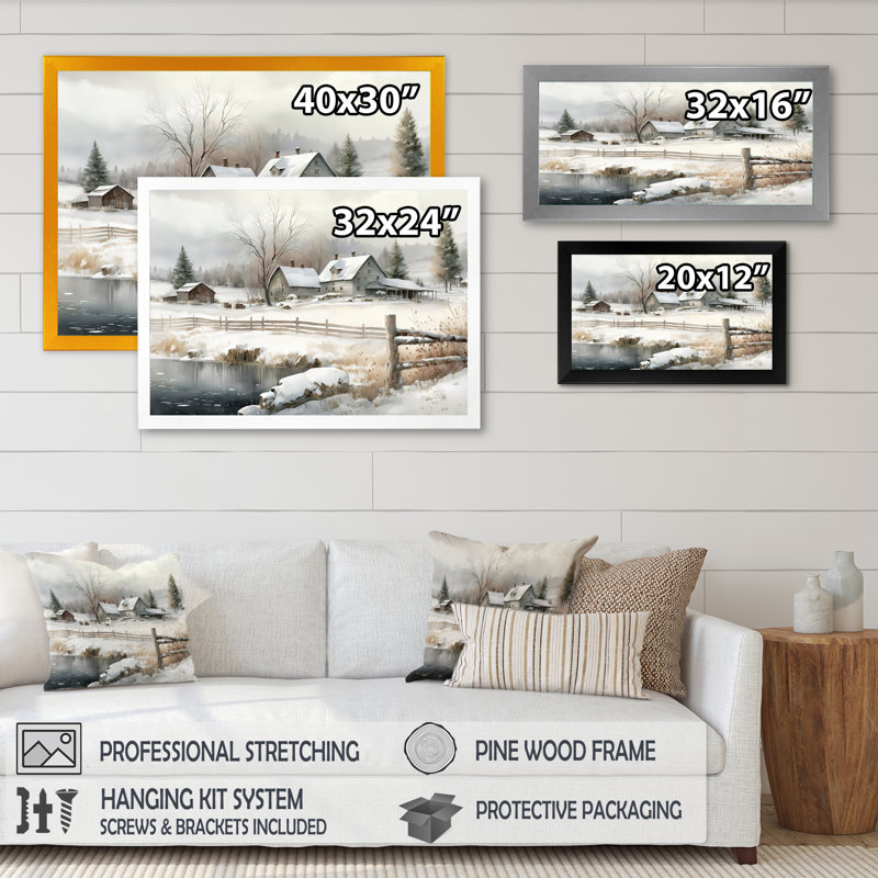 Indiana Farm In Winter - Paysage de ferme, art mural, H 12 po x l 20 po x P 1 po, Cadre noir
