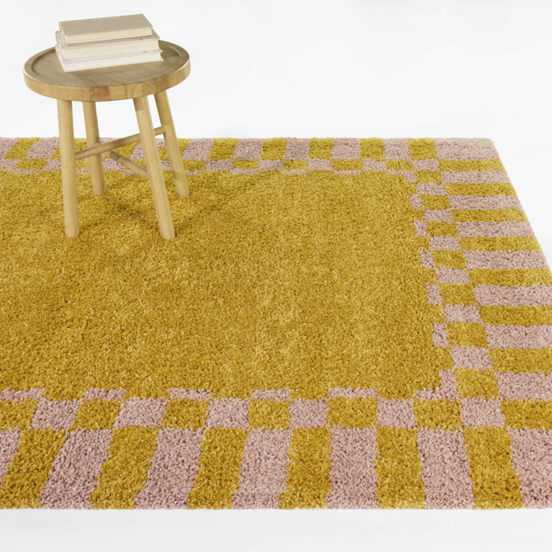 Seraphiel Orange Checkered Border Area Rug, 5'3" x 7', Orange