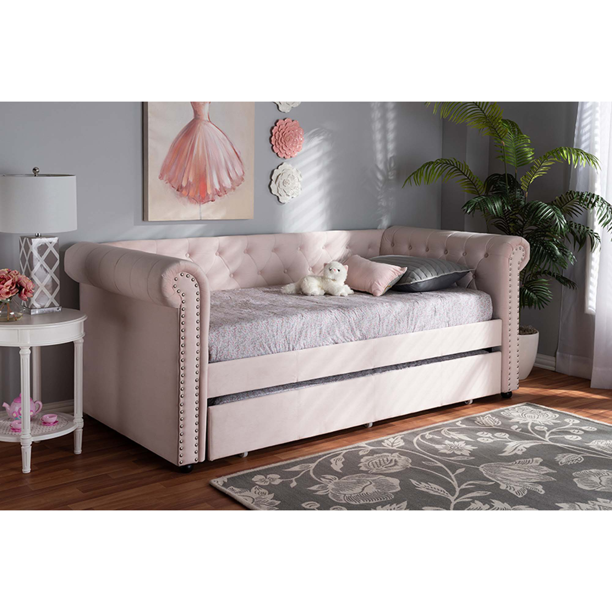 Mynard Upholstered Daybed with Trundle - Twin, Pink
