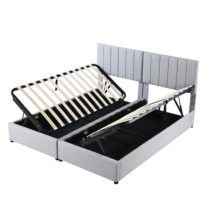 Très grand lit plateforme tapissier avec système de rangement hydraulique, gris