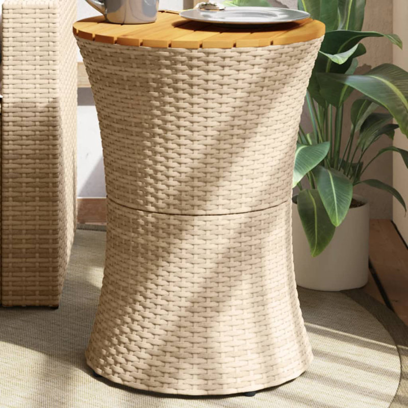Table d'appoint de patio en forme de tambour en poly rotin et bois massif, Beige
