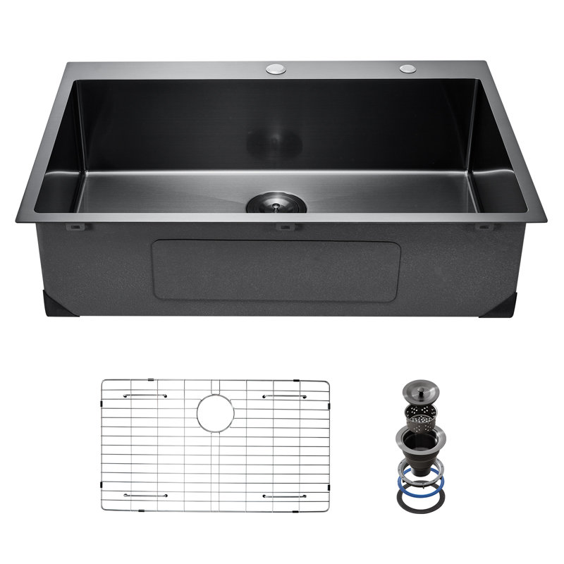 33" Kitchen Sink Top Mount Single Bowl Drop-In Basin Stainless Steel Black