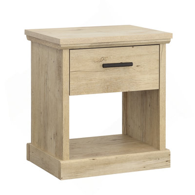 Élégante table de chevet brune avec tiroir coulissant lisse et tablette ouverte pour un rangement supplémentaire, parfaite pour les petites pièces et les décors modernes.