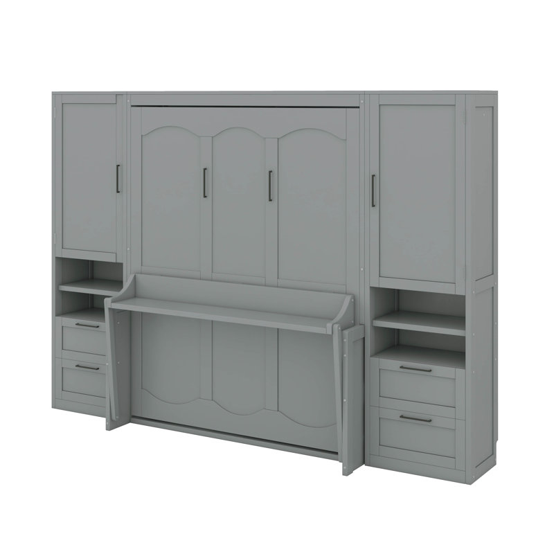 Queen Size Murphy Bed Wall Bed With Closet ,Drawers And Shelves, Grey
