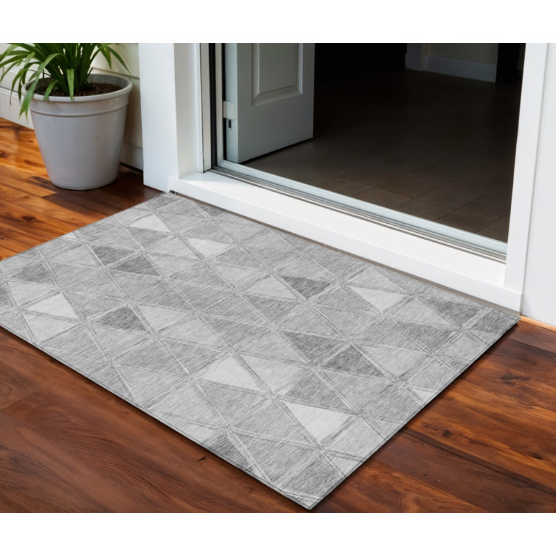 Tapis extérieur lavable à motif géométrique gris argenté et ivoire 3 pi x 5 pi