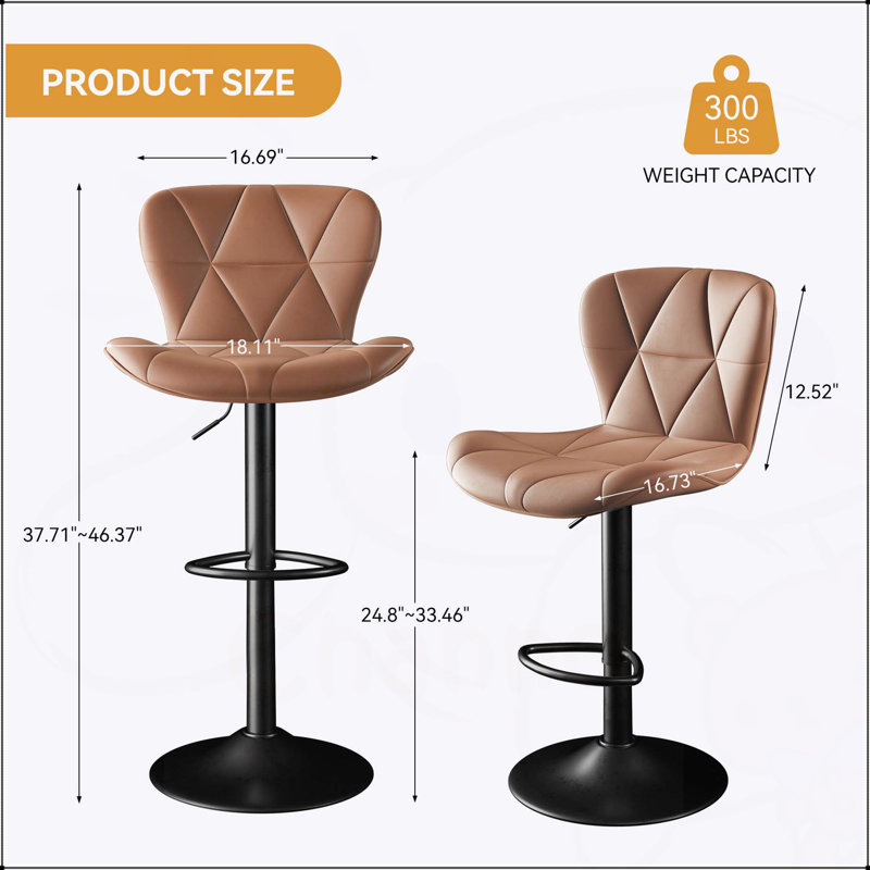 Ensemble de 2 tabourets de bar modernes, tabourets pivotants rembourrés en similicuir, chaises de bar réglables à hauteur de comptoir avec dossier pour îlot de cuisine