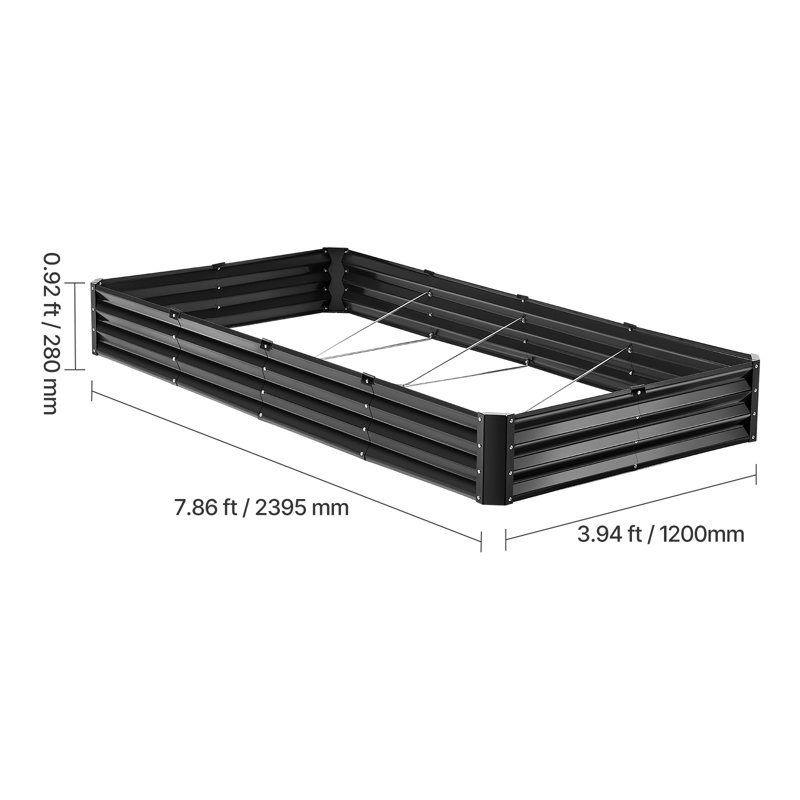 Metal Raised Garden Bed 8x4x1 ft Outdoor Galvanized Planter Box Dark Gray, 11.04" H x 94.32" W x 47.28" D, Black