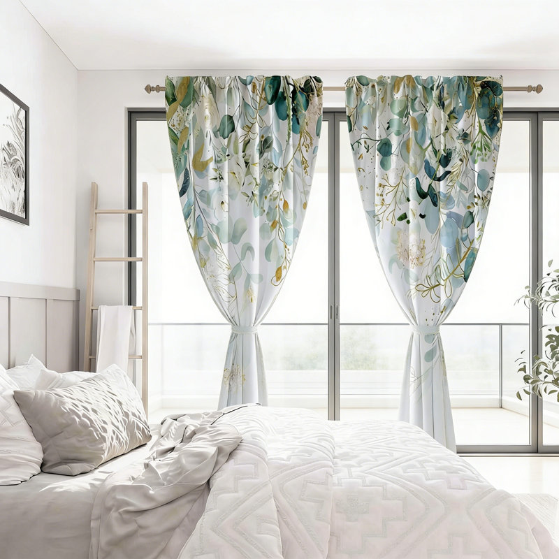 Rideaux dorés et verts pour le salon, feuilles d'eucalyptus bleues et vertes, l 52 po x L 84 po